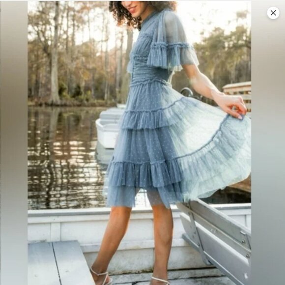 NWT Ivy City Co Whimsical Short Dress Slate Blue Tulle Women's Medium Tiered - Picture 4 of 16